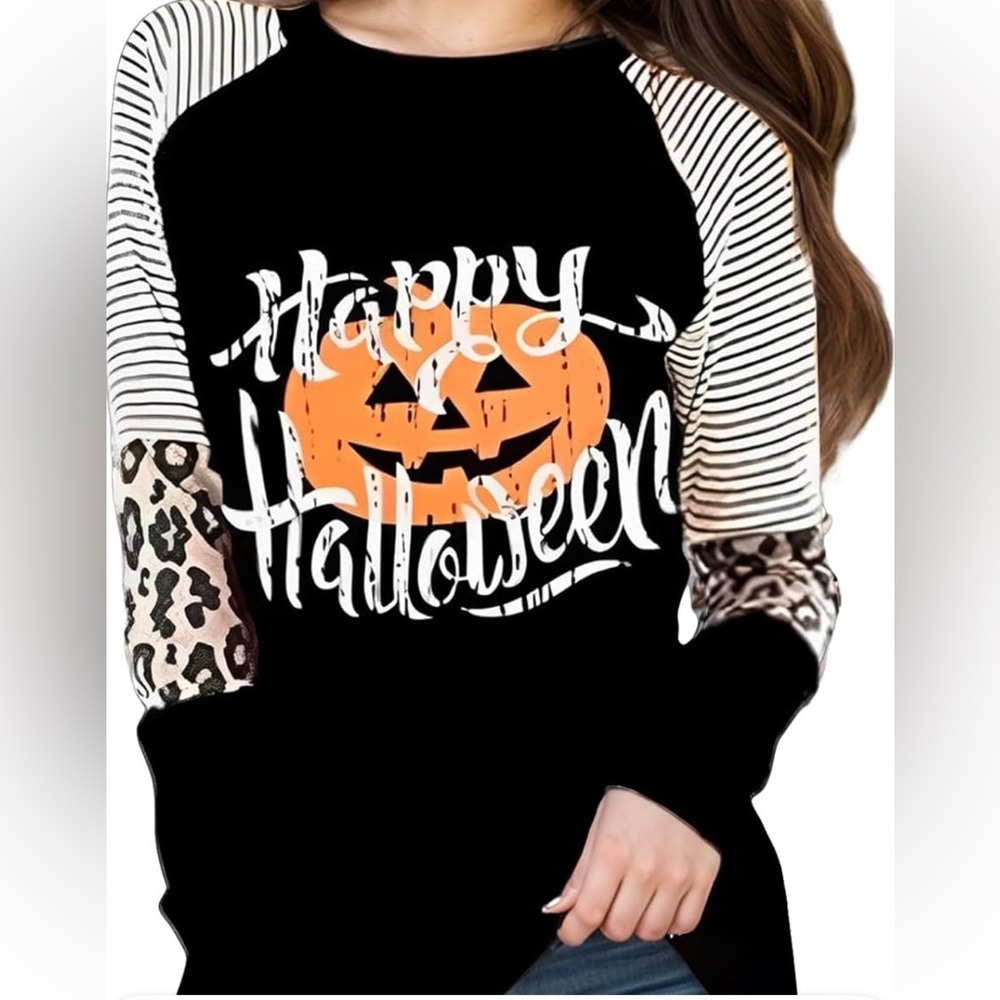Autumn Crewneck Halloween Leopard Print Long Sleeve Casual Loose Fit Shirts